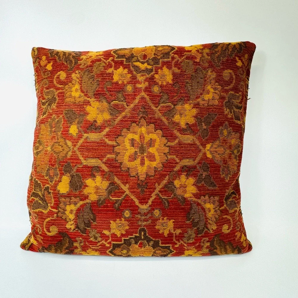 THREE Crate & Barrel double sided 22” tapestry throw pillow covers red gold grn